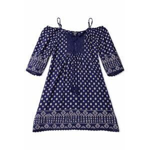 Angie Navy White Floral Crochet Tassel A-Line Short Dress Scoop Neck L